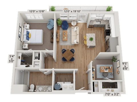 Floor plan for 1 bed, 1 bath, 893 sqft